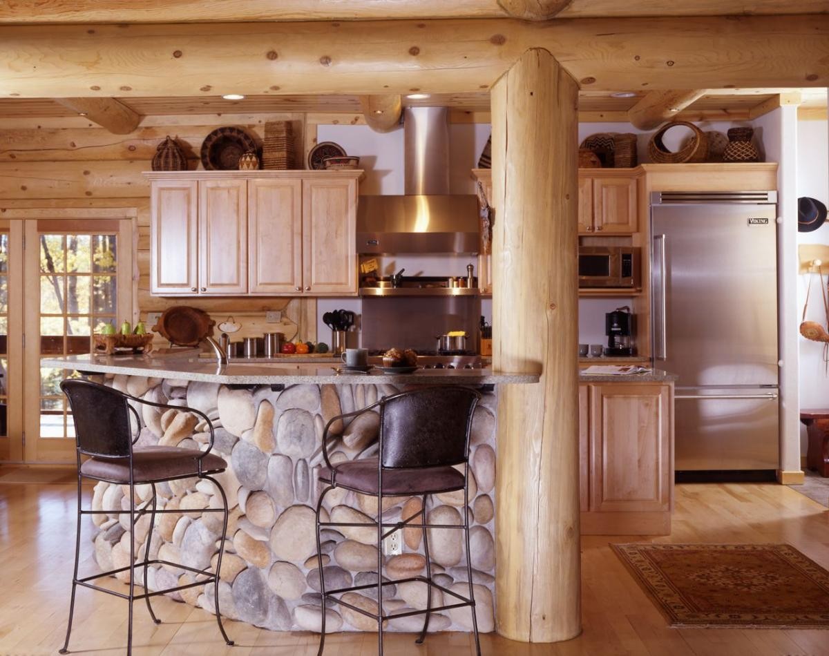 современный дизайн кухни в доме из бревна